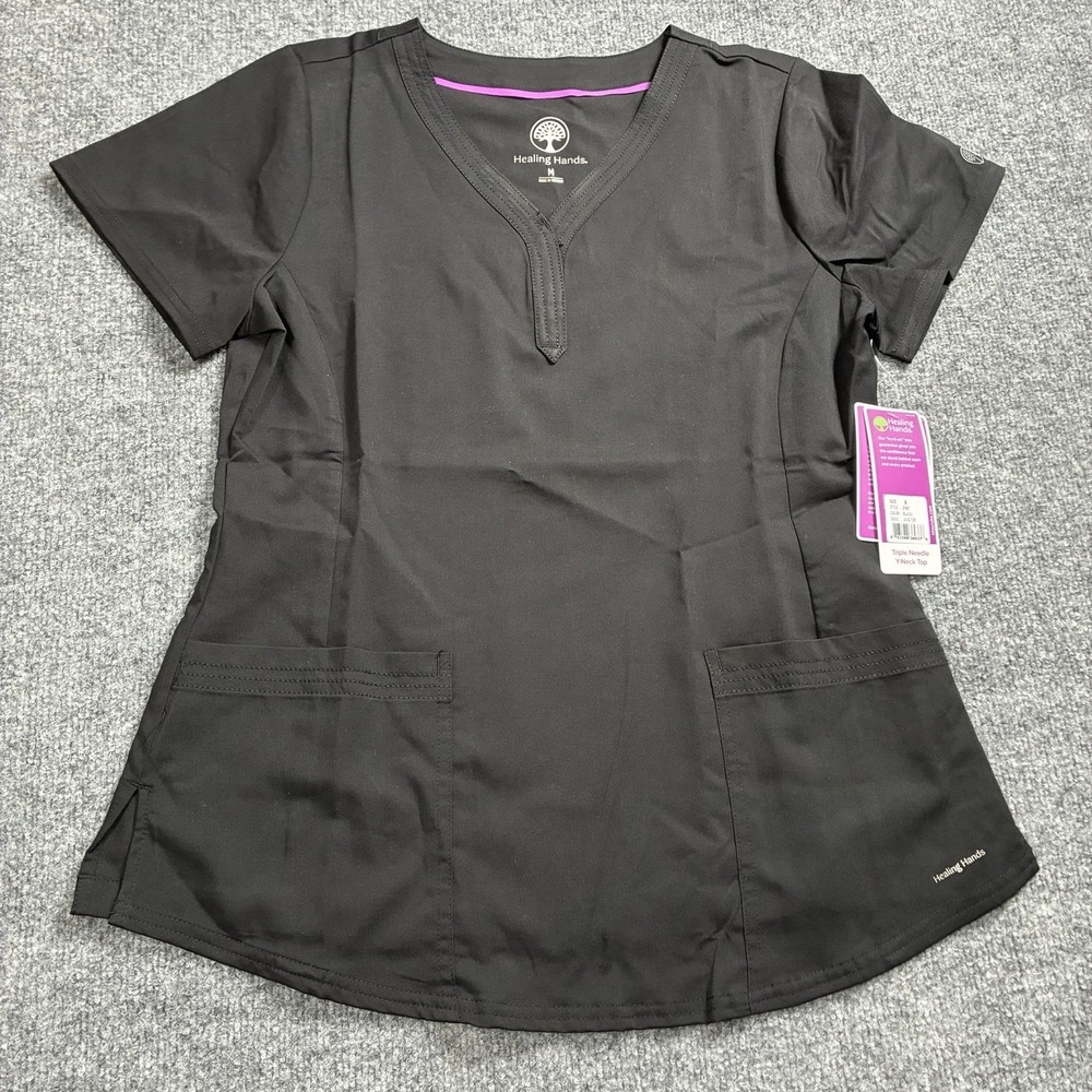 Healing‎ Hands Scrub Top Black Triple Needle Y-Neck Medical Uniform NWT Size M